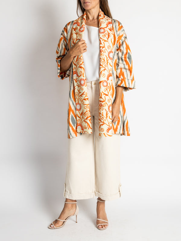 Silk Oversized Tangerine Jacket with Suzani Embroidery